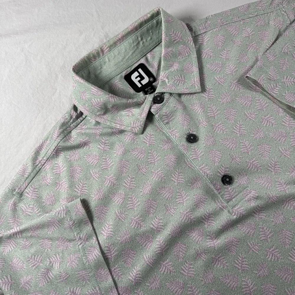 Footjoy FJ‎ Men's M Lisle Shadow Palm Print Green Golf Performance Polo Shirt